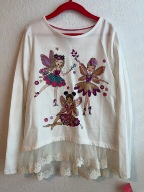 Girls' Lace-Hem Fairy Graphic Long-Sleeve Top